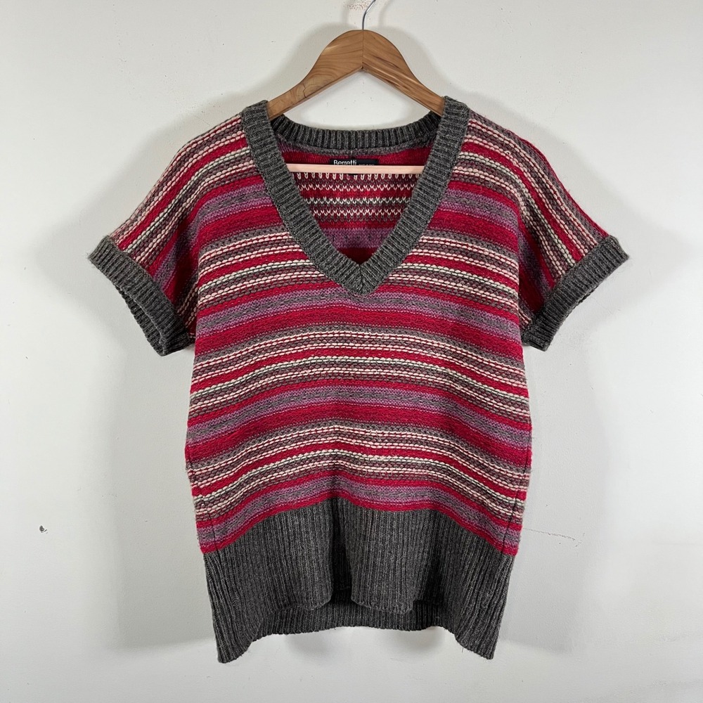 Berretti Colorful Striped Knit Short Sleeve V-Neck Sweater Made In Italy Medium